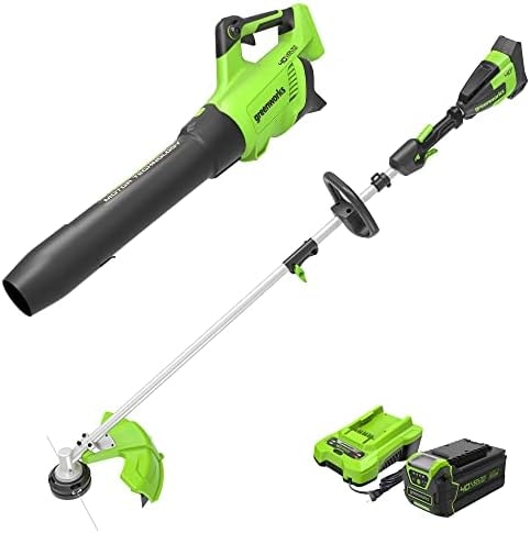Greenworks 40V Brushless String Trimmer & Leaf Blower Combo Kit, 16" Attachment Capable Trimmer, 550 CFM 130 MPH Blower for Lawn Yard Patio Driveway Care, 4.0Ah Battery & Charger Included