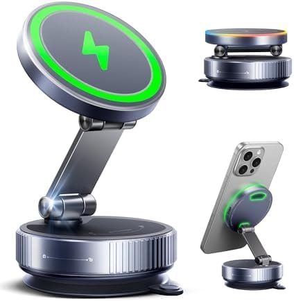 MagSafe Car Charger Mount, 15W Fast Wireless Charging Phone Holder, 108LB Vacuum Suction Cup & 3800gf Strong Magnet, 360° Adjustable Dashboard Windshield Mount for iPhone 17 Pro Max/17 Air/16-12