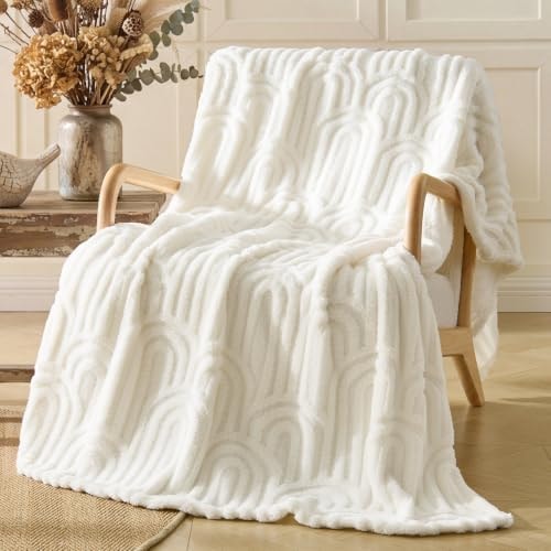 BEDELITE Cream White Boho Fleece Throw Blanket for Couch, 50x60 Inches