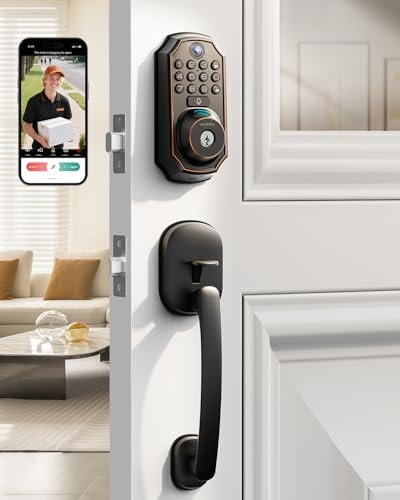 ARPHA WiFi Smart Lock with Camera, Keyless Entry Deadbolt with Handle Set, 5-in-1 Camera+Doorbell+Fingerprint+Keypad, App Control, Auto Lock, Easy Install, Waterproof for Front Door