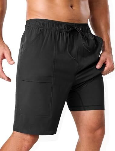 SILKWORLD Mens Swim Trunks with Compression Liner 9 Inch, Black, L