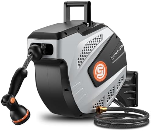 SUNPOW Retractable Garden Hose Reel - 1/2 inch x 50ft Heavy Duty Wall Mounted Hose Reel with 3/4 inch Brass Fitting & 10 Sprayer Nozzle - Any Length Lock, Auto Rewind System, 180°Swivel Bracket- Grey