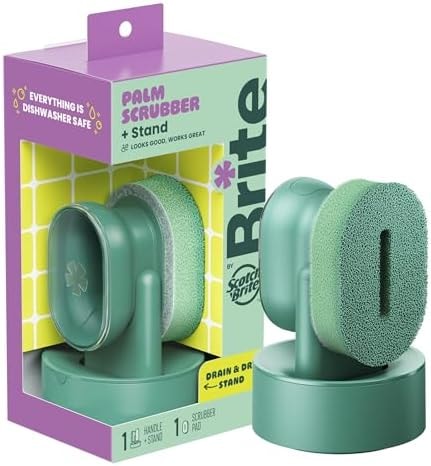 Brite by Scotch-Brite Palm Scrubber with Drain + Dry Stand, Household and Kitchen Sponge for Washing Dishes with Comfy Grip, 1 Scrub Sponge with Soap Dispenser