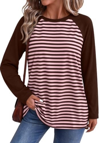 Wiholl Long Sleeve Shirts for Women Tops Fall Outfits Brown Pink Stripes L