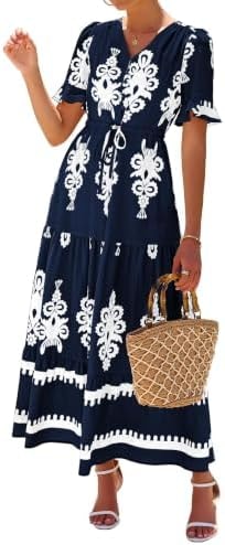 Lazysmile Womens Summer Short Sleeve Floral Boho Maxi Dresses Navy