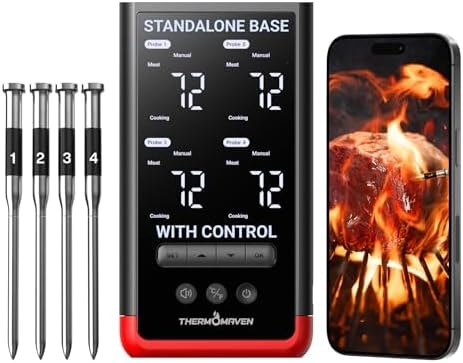 ThermoMaven Smart Bluetooth Wireless Meat Thermometer: Standalone Base, WiFi Unlimited Range, 6 Sensors with NIST Certified Accuracy, 4 Probes for Kitchen, BBQ, Grill, Oven, Smoker, Rotisserie