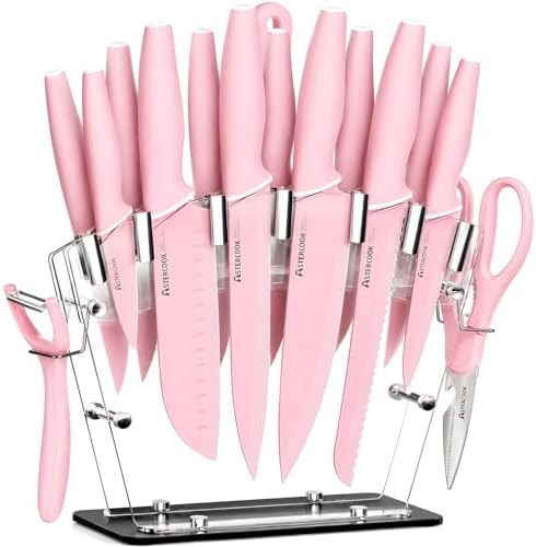 Astercook Knife Set with Clear Block and Sharpener 22Pcs Pink
