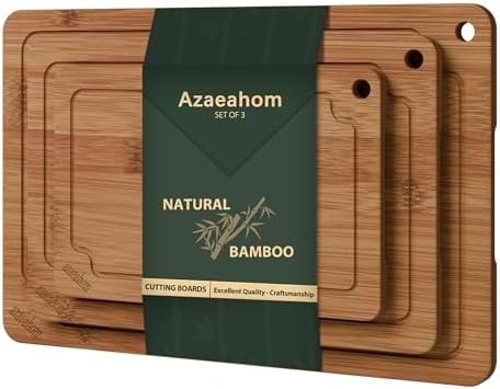 Azaeahom 3-Piece Bamboo Cutting Board Set Serving Tray Juice GroovesHandles