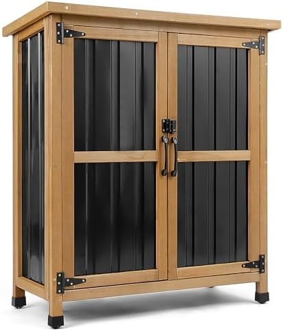 Weatherproof Outdoor Storage Cabinet with Lockable Doors, Wood & Metal Garden Storage Shed Patio Storage Box for Tools & Lawn Equipment, Pool Accessories