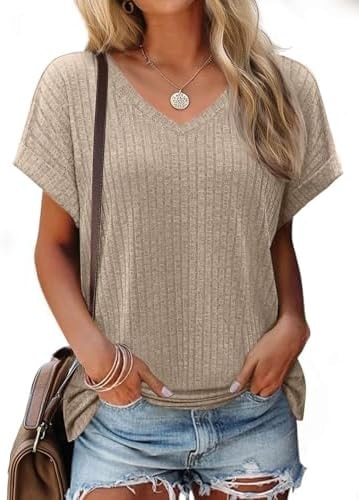 Tops for Women Casual Summer Short Sleeve Side Split Shirts Apricot S