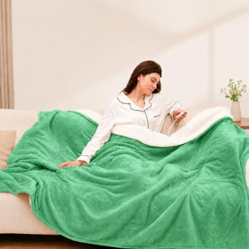 CHIOKY Electric Blanket Throw, Fast Heating Blanket with Overheat Protection, Heated Sherpa Blanket with 5 Heating Levels & 4 Hours Auto Off for Couch Office Use, Ideal Gift, 50"x60", Aqua Green