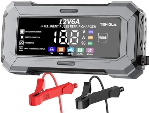 Car Battery Charger Automatic Trickle Charger and Battery Maintainer with Pulse Repair Digital Display Trickle Charger for Car Battery 12V6A Auto Battery Charger for AGM Motorcycle LiFePO4 Batteries