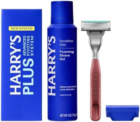 Harry's Plus Trial Shaving Kit for Men - Premium Handle, Razor Blade Cartridge, Foaming Shave Gel, and Travel Blade Cover - Advanced Pivoting System - Clay