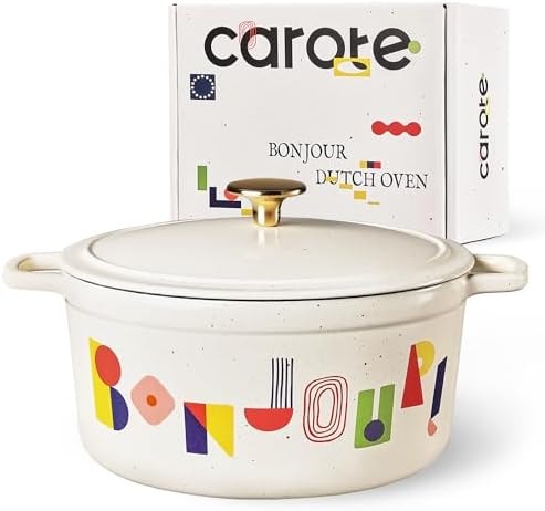 CAROTE Enameled 5QT Cast Iron Dutch Oven Pot with Gift Box, Bonjour
