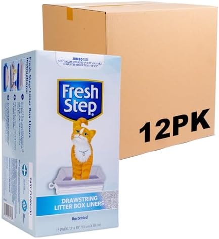 Fresh Step Jumbo Drawstring Cat Litter Box Liners, Heavy Duty Unscented Kitty Litter Bags for Oval Rectangle Pans, Easy Lift Cleanup, 3 ft x 19 in, 15 Count, 12 Pack