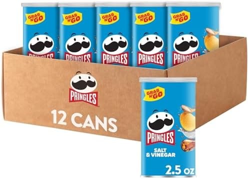 Pringles Potato Crisps Chips, Lunch Snacks, On-The-Go Snacks, Grab n' Go, Salt and Vinegar (12 Cans)