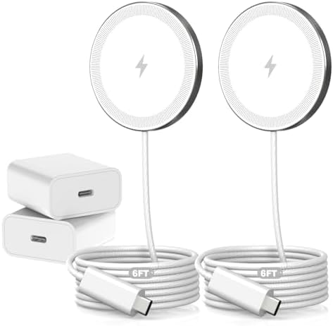 6FT Magnetic Wireless Charger Charging Pad - 15W Fast Phone Charger Puck for Apple iPhone 17 16 15 14 13 12 Series & AirPods 4 3 2 Pro, Phone Charging Pad with Plug for Desk & Travel, 2Pack White