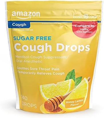 Amazon Basic Care Sugar Free Honey Lemon Cough Drops for Sore Throat Relief, Soothes Cough, 140 Count (Compare to Halls)