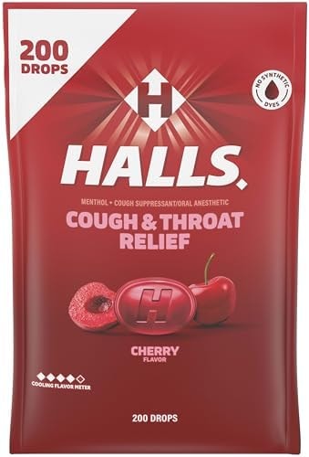 HALLS Cough & Throat Relief Cherry Cough Drops, Bulk Pack, 200 ct