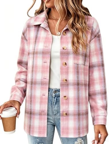 Zeagoo Women Flannel Jacket Shirts Button Down Long Sleeve Shacket Fall Blouse Trendy Winter Clothes Pink