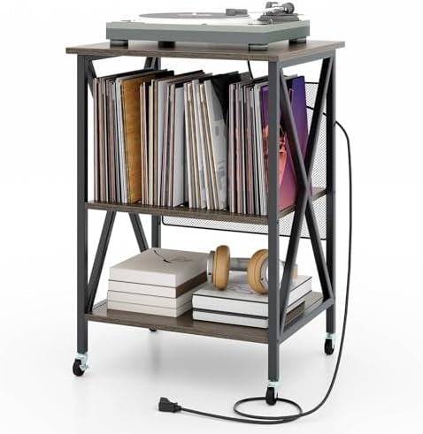 Giantex Record Player Stand with Charging Station, Turntable Stand with Record Storage & 4 Rolling Wheels, Vinyl Record Storage Table up to 250 Albums for Living Room, Bedroom (Grey Oak)