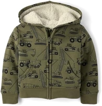 The Children's Place,Baby Boys,and Toddler Long Sleeve, Sherpa Lined, Zip-Front Hoodie Sweatshirt,Olive Construction Trucks,9 Months,12 Months