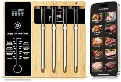 Smart Wireless Meat Thermometer 4 Probes, Bluetooth Food Thermometer, Remote Tracking and Real-Time Readings from Apps, for iOS and Android, for BBQ, Grill, Smoker