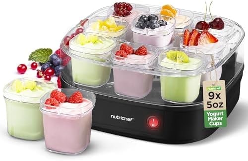 Nutrichef 9 Cup Automatic Yogurt Maker | Includes 9 - 5 oz Reusable Cups with Lids & Yogurt Rack for Instant Storage | Makes up to 45 OZ of Yogurt | Greek Yogurt Maker | Space Saving design | Black