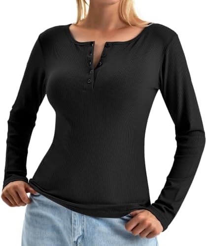 Walifrey Women's Long Sleeve Henley Shirts Ribbed Knit Black L
