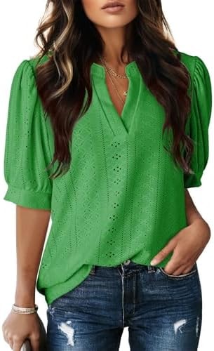 Dokotoo Eyelet Tops for Women Short Sleeve Summer Blouse Kelly Green XL