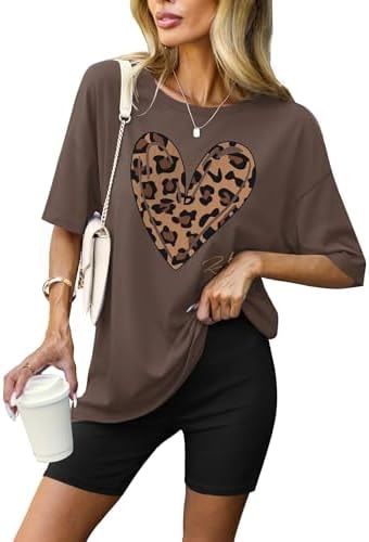 Ekouaer Women 2 Piece Lounge Sets Moisture Wicking Summer Outfits 2026 Oversized T-Shirt and Biker Short Matching Sets Leopard Heart Print Large