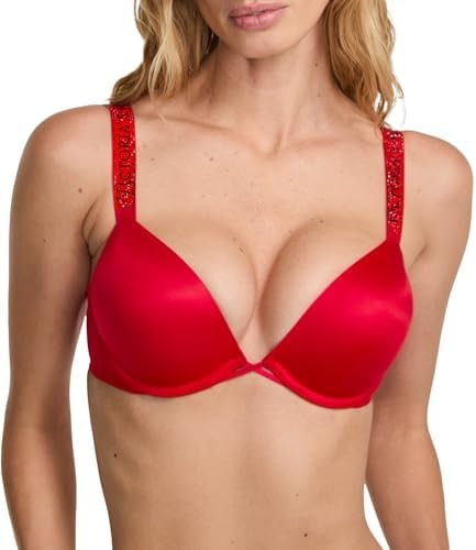 Victoria's Secret Very Sexy Bombshell Logo Shine Strap Push-Up Bra, Adds Two Cup Sizes, Padded, Plunge Neckline, Bras for Women, Lipstick Red, 34B