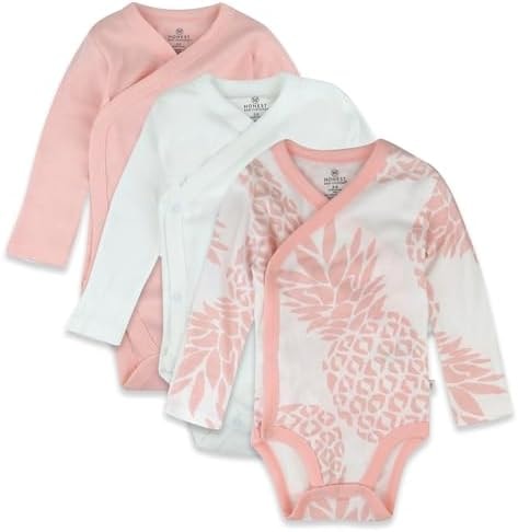 HonestBaby 3-pack Long Sleeve Side-snap Kimono Bodysuits Organic Cotton for Infant Baby Boys, Girls, Pink Pineapple, Newborn