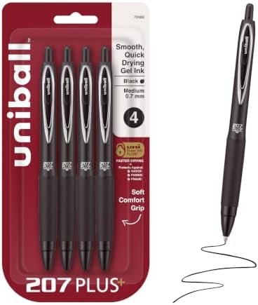 uniball™ 207 Plus+ Gel Pens, Black Ink, 0.7mm Medium Point, 4 Count