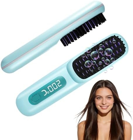 Go Brush Pro for Short Hair 2026, Portable Straightener Brushs for Travel, with LCD Temperature Display, Fast Heating Cordless Mini Hair Brushs(Blue)