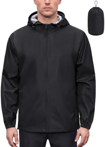 COOFANDY Raincoat For Men Black Jacket Packable Outdoor Hooded Raincoat