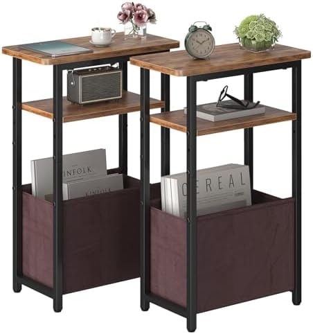 sthmec Narrow Side Table Set of 2, Skinny End Tables with Fabric Basket, Small Side Tables for Small Space,2-Tier Open Shelves with Basket, Slim Nightstands Set 2 for Bedroom,Livinroom, Rustic Brown