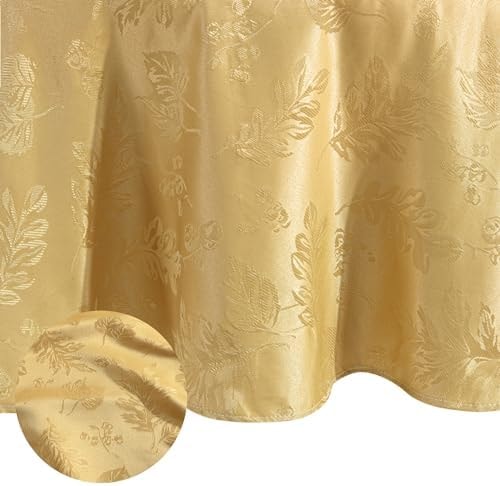 Threadmade Elegant Woven Leaves Jacquard Damask Tablecloth, Gold - 60" W x 84" L Oval