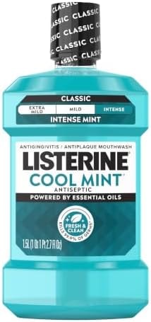 Listerine Cool Mint Intense Antiseptic Mouthwash, Daily Oral Rinse Kills 99.9% of Germs that Cause Bad Breath, Plaque and Gingivitis. For a Fresh, Clean Mouth, Intense Mint Flavor, 1.5 L