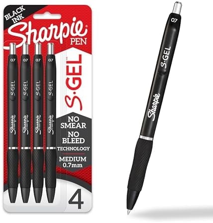 Sharpie S-Gel Pens, Medium Point (0.7mm), Black Ink, 4 Count - Ideal for Writing, Journaling, Drawing, Coloring, Note-Taking, College Supplies