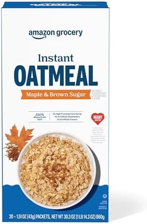 Amazon Grocery, Maple & Brown Sugar Instant Oatmeal, 1.51 Oz, 20 Ct