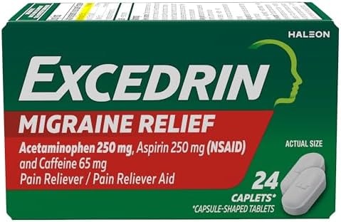 Excedrin Migraine Relief Caplets for Migraine Symptoms, Acetaminophen 250mg, Aspirin 250mg, Caffeine 65mg, Pain Reliever, 24 Count