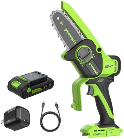 Greenworks 24V 4 in Mini Pruning Chainsaw, 2.0 Ah Battery and Charger