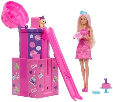 Barbie Rise & Surprise Doll & Accessories, Pet Birthday Series with 12 Surprises Including Slide & Color-Change Activity