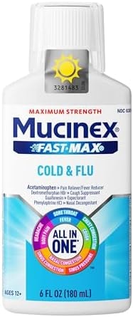 Mucinex Fast-Max Cold and Flu Medicine All-in-One Maximum Strength Liquid for Chest Congestion, Cough, Sore Throat, Nasal Decongestant, 6 fl oz (Packaging May Vary)