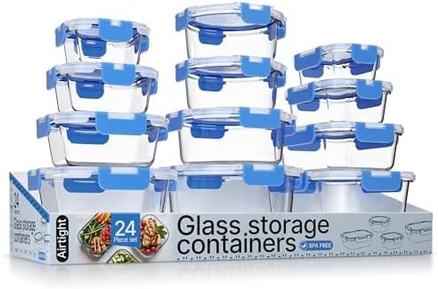 Bakken Borosilicate Glass Food Storage Containers with Lids 24 Pieces, BPA-Free Stackable Lunch & Leftover Containers, Microwave, Freezer & Dishwasher Safe, 100% Airtight Leak-Proof, Blue