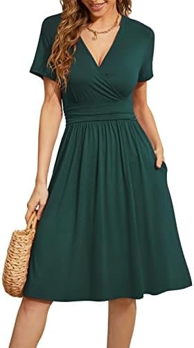 WEACZZY Casual Tshirt Dresses for Women V Neck Business Formal Teacher Dress Empire Waist Flowy A-Line Dresses,Dark Green,L