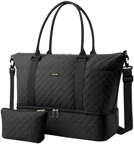 HOTOR Travel Duffel Bag - Weekender Bags for Women, Gym Tote Bags with Shoe Compartment, Carry On Overnight Bag with Toiletry Bag for Travel Essentials and Travel Accessories, Black, 13.4"×17.3"×7.9"