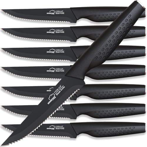Amorston Steak Knives, Steak Knives Set of 8, Stainless Steel Steak Knife Set, Serrated Knives Dishwasher Safe, Elegant Black Mothers Day Gifts for Women