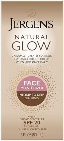 Jergens Natural Glow Self Tanner Face Moisturizer with SPF 20 Facial Sunscreen, Medium to Deep Skin Tone, Sunless Tanning, Oil Free, Broad Spectrum Protection UVA and UVB, 2 oz (Packaging May Vary)